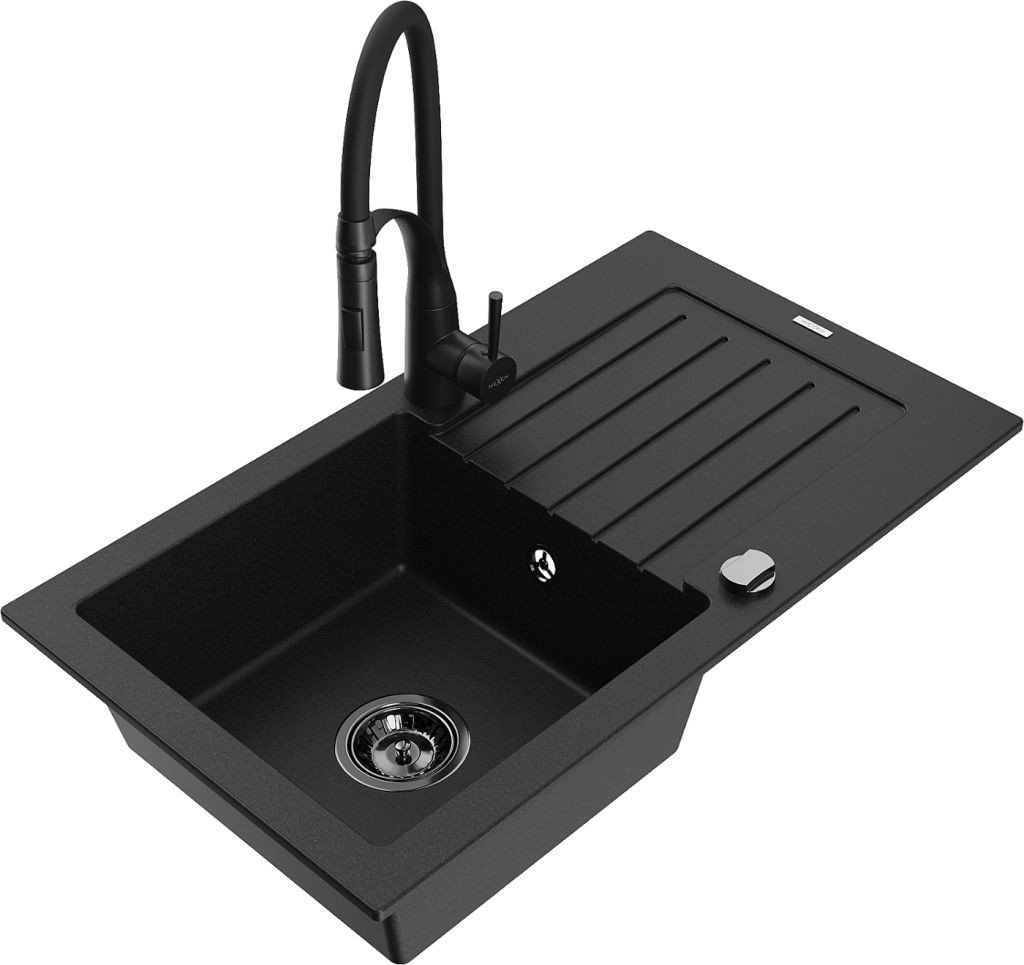 MEXEN/S Pablo granitový dřez 1 s odkapávačem včetně baterie Aster, černá 6510-77-73450-70-B