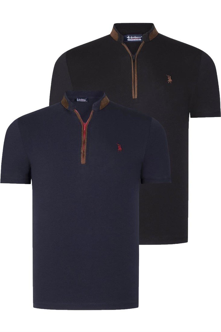 DUAL SET T8571 DEWBERRY ZIPPERED MENS T-SHIRT-BLACK-NAVY BLUE