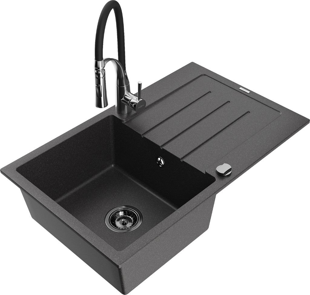 MEXEN/S Bruno granitový dřez s odkapávačem včetně baterie Aster, černá kropenatá 6513-76-73450-07-B