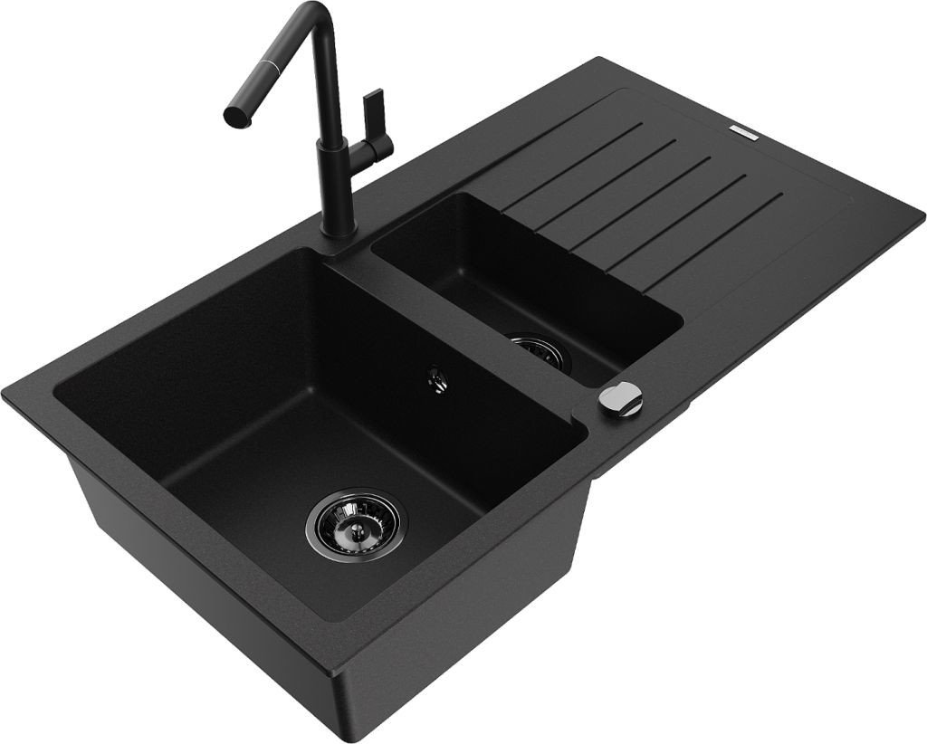 MEXEN/S Matias granitový dřez 1.5 s odkapávačem včetně baterie Flora, černá 6502-77-670401-70-B