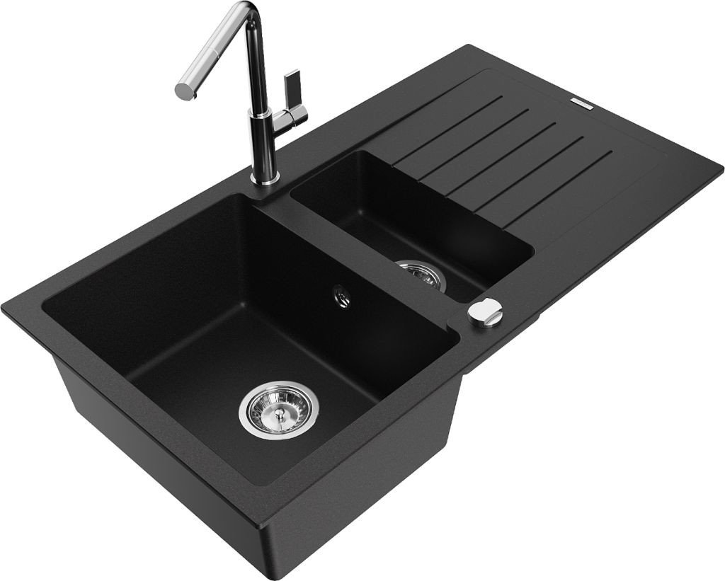 MEXEN/S Matias granitový dřez 1.5 s odkapávačem včetně baterie Flora, černá 6502-77-670401-00