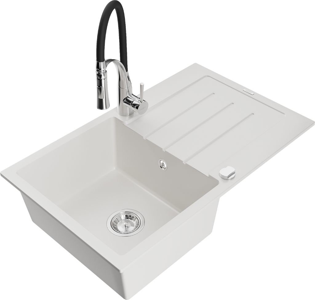 MEXEN/S Bruno granitový dřez s odkapávačem včetně baterie Aster, bílá 6513-20-73450-07