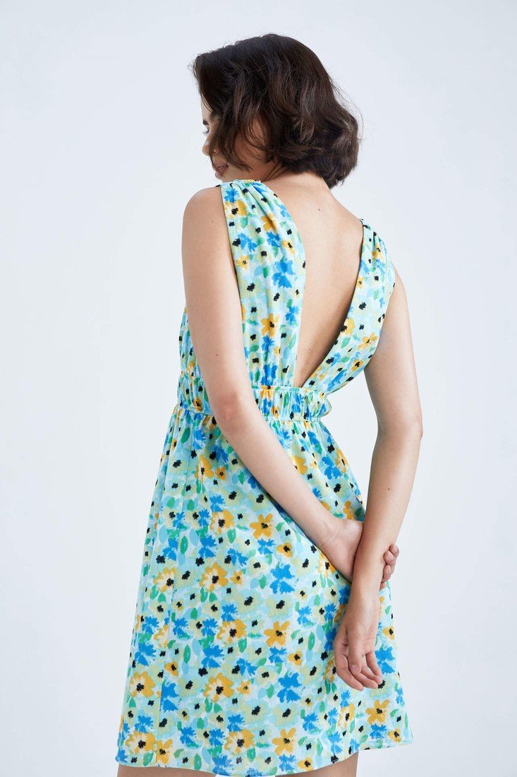 DEFACTO A-Line V-Neck Low-Cut Back Floral Linen Look Mini Strap DressE