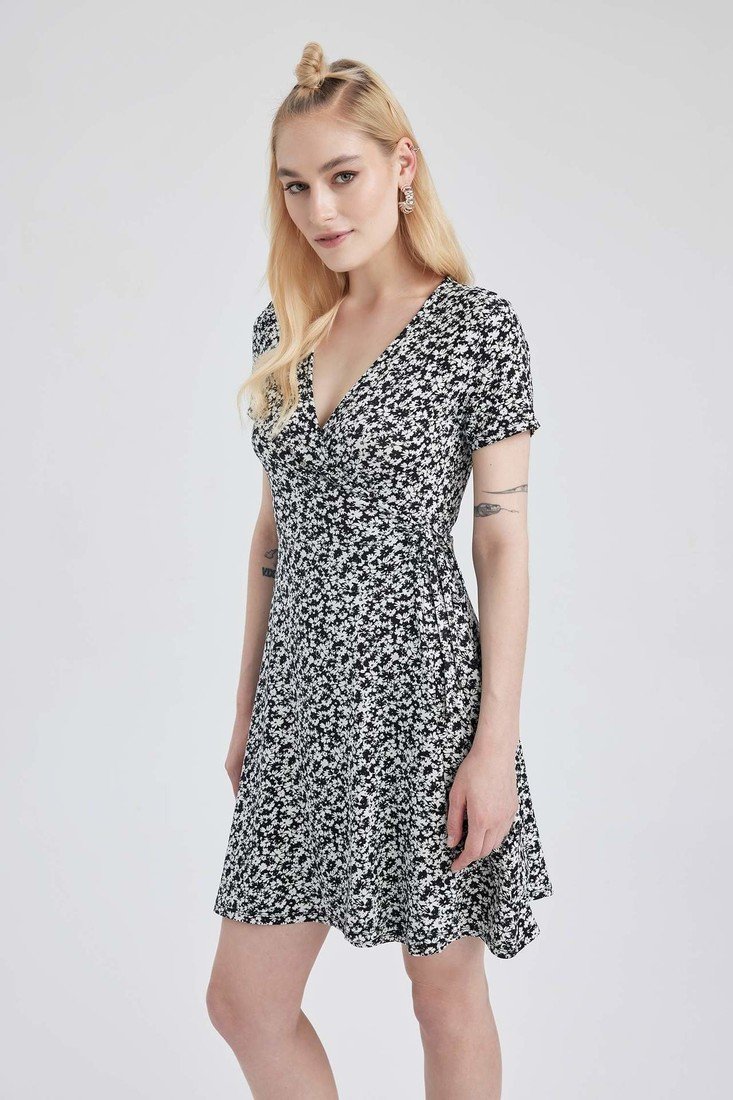 DEFACTO A-Line Wrap Collar Patterned Mini Short Sleeve Dress