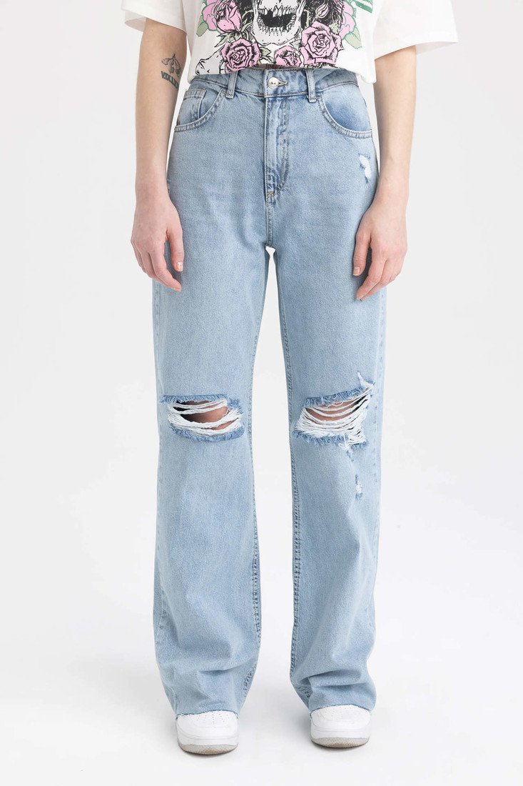 DEFACTO 90's Wide Leg Ripped Detail Cut-Toe Leg Jeans Long Trousers