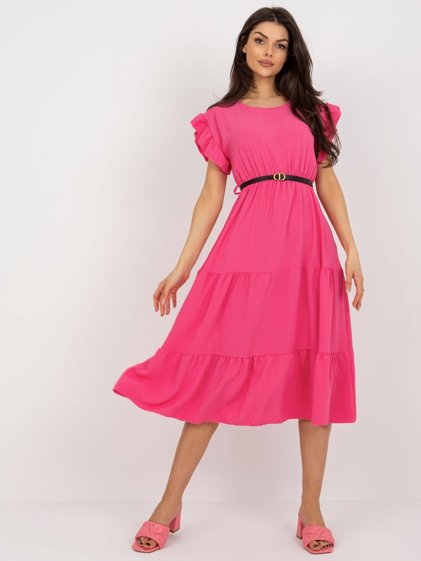 Tmavě růžové volánové midi šaty s krátkým rukávem MI-SK-21976.57-dark pink Velikost: ONE SIZE