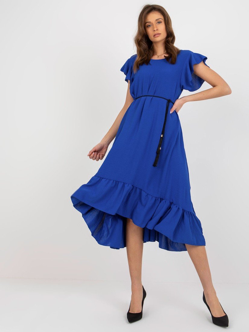 Modré volné midi šaty s volánky MI-SK-59101.31-kobalt Velikost: ONE SIZE