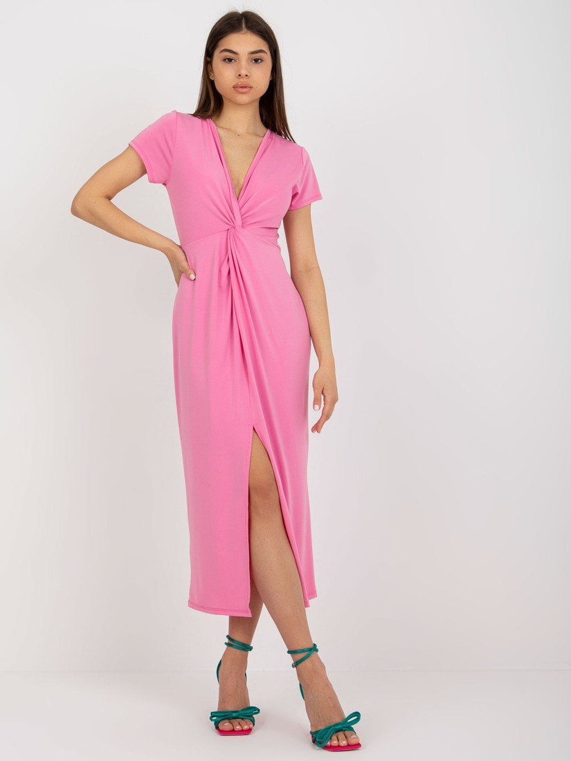 Růžové midi šaty s výstřihem a rozparkem DHJ-SK-17302.39X-pink Velikost: ONE SIZE