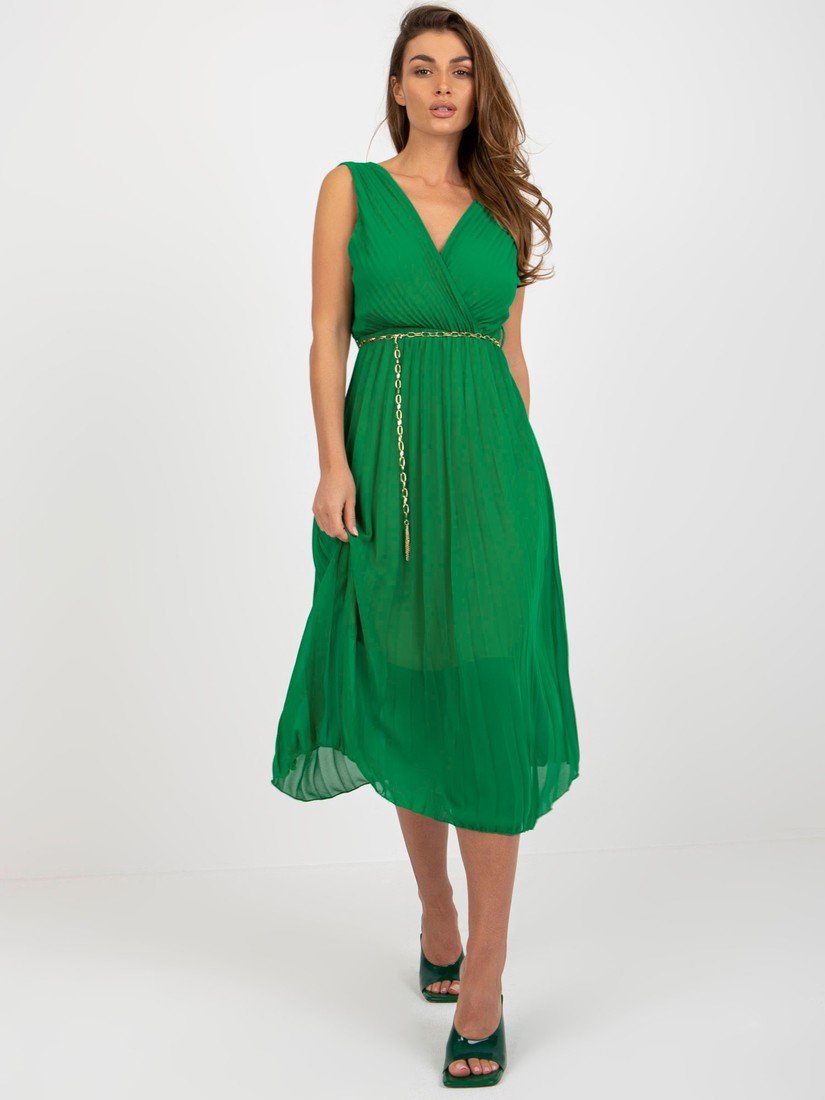 Zelené plisované midi šaty s řetízkovým páskem DHJ-SK-13168.21X-green Velikost: ONE SIZE
