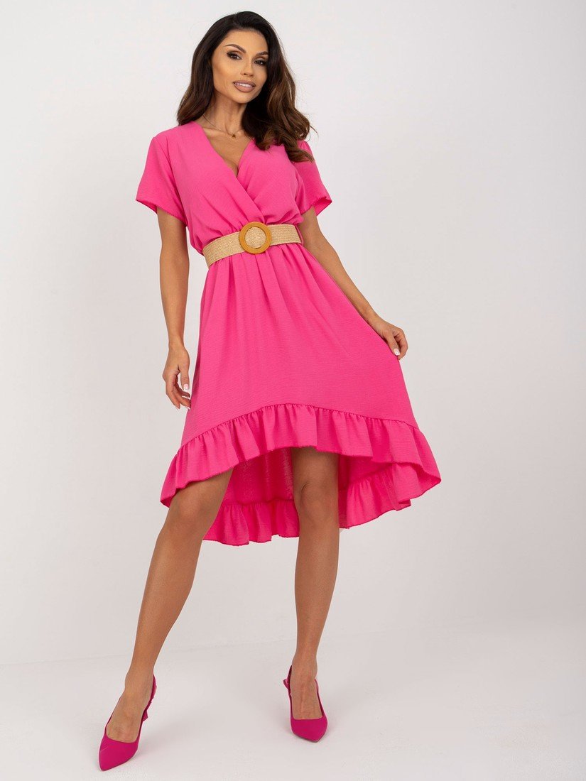 Tmavě růžové midi šaty s asymetrickým střihem a volánky DHJ-SK-8358.19-dark pink Velikost: ONE SIZE