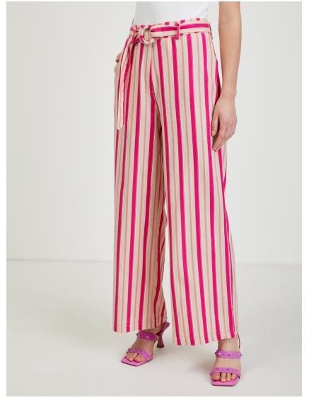 Růžové dámské lněné pruhované kalhoty