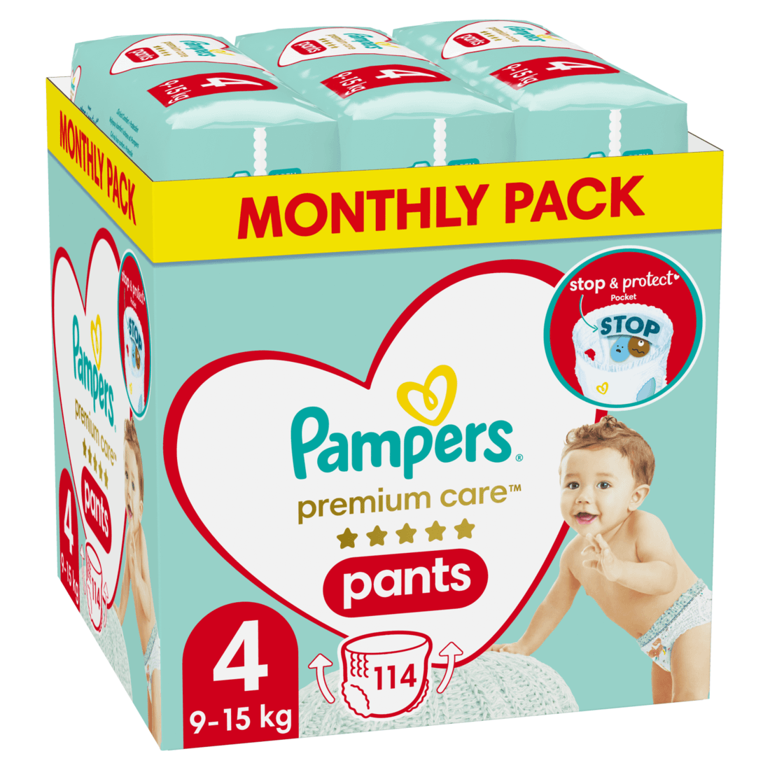 II. jakost Pampers Premium Care Pants Plenkové kalhotky vel. 4, 9-15 kg, 114 ks