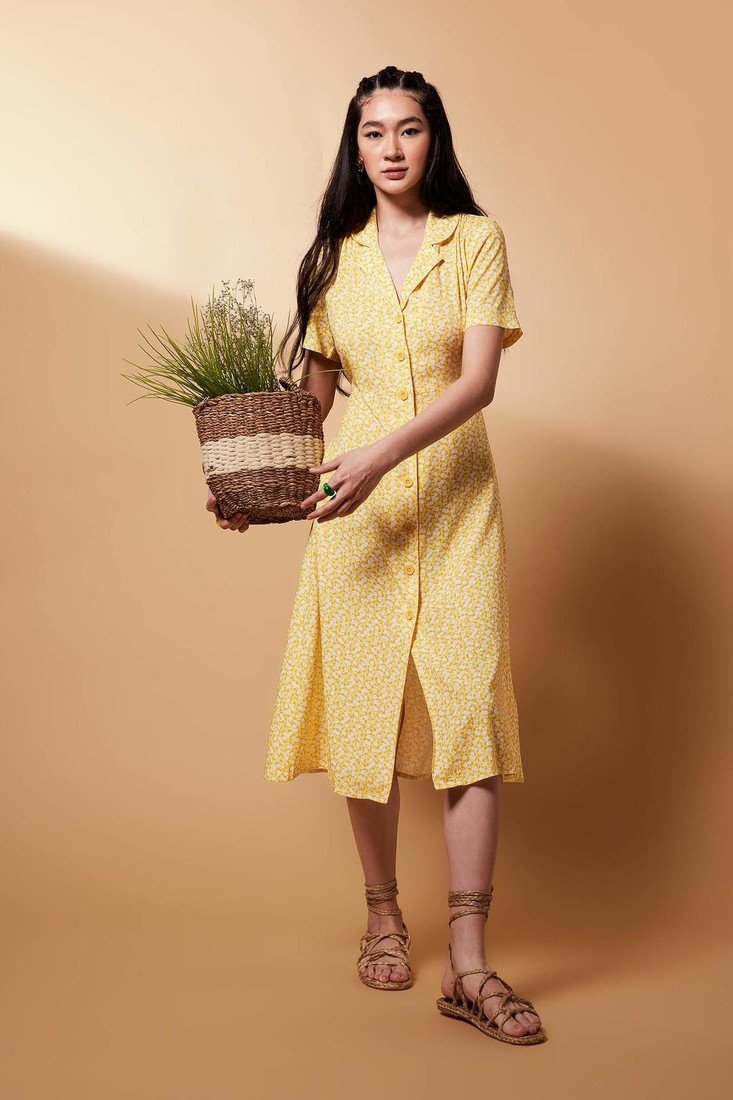 DEFACTO A-Line Shirt Collar Floral Midi Short Sleeve Dress