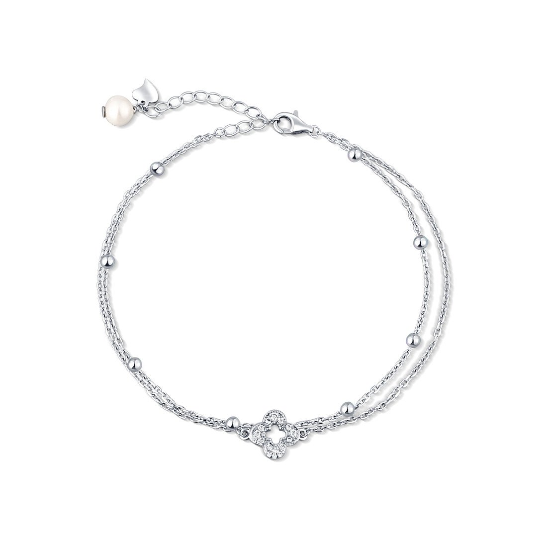JwL Luxury Pearls Dvojitý stříbrný nákotník na nohu s perlou a čtyřlístkem JL0804