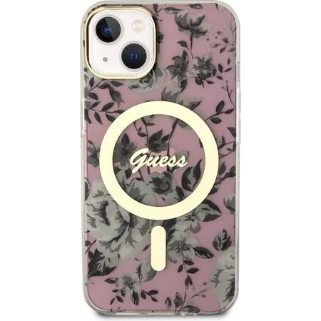 Guess PC/TPU Flowers IML MagSafe Kompatibilní Zadní Kryt pro iPhone 14 Pink