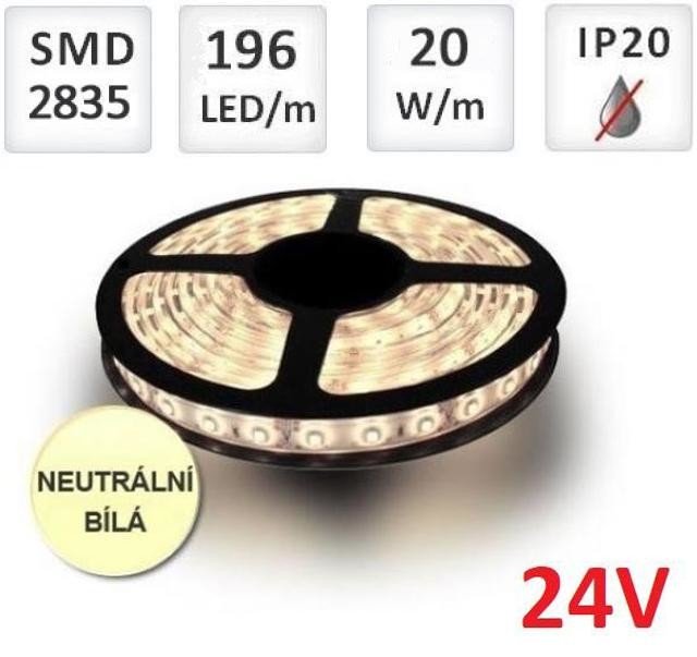 Optonica LED pásek 24V 5m 196ks 2835 20W/m, Neutrální bílá