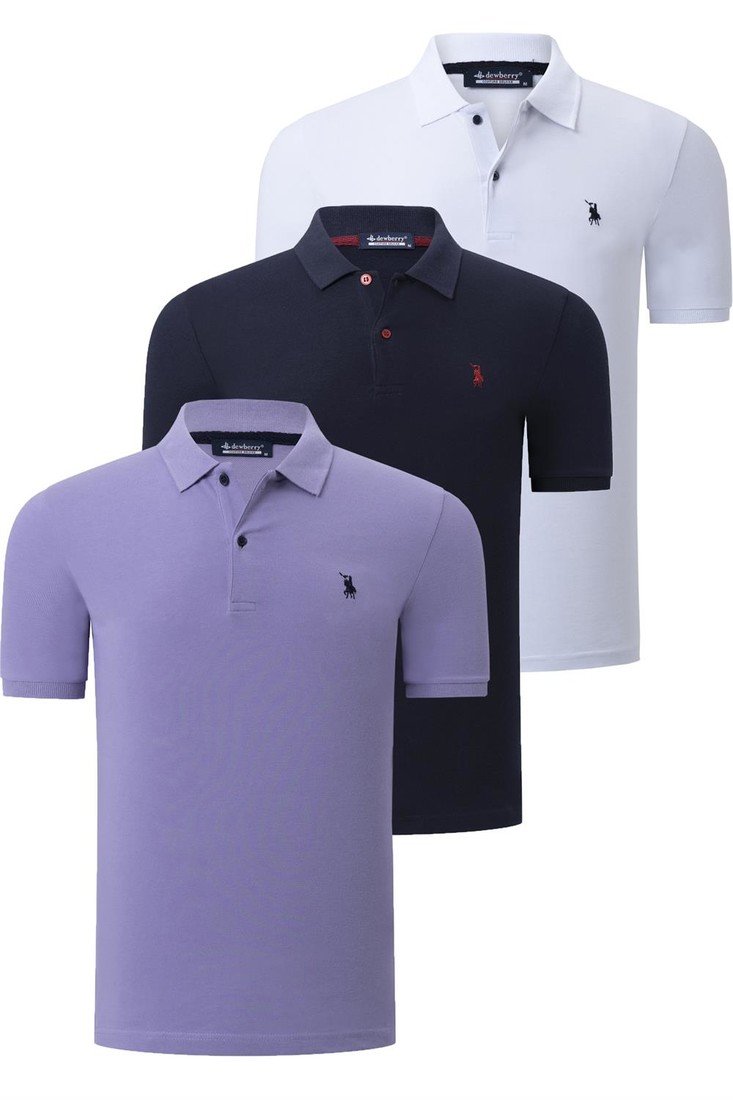 TRIPLE SET T8561 DEWBERRY MENS T-SHIRT-NAVY BLUE-WHITE-LILAC