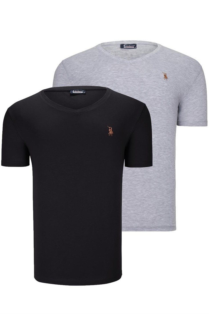 DUAL SET T8568 DEWBERRY V-NECK MENS T-SHIRT-BLACK-GREY