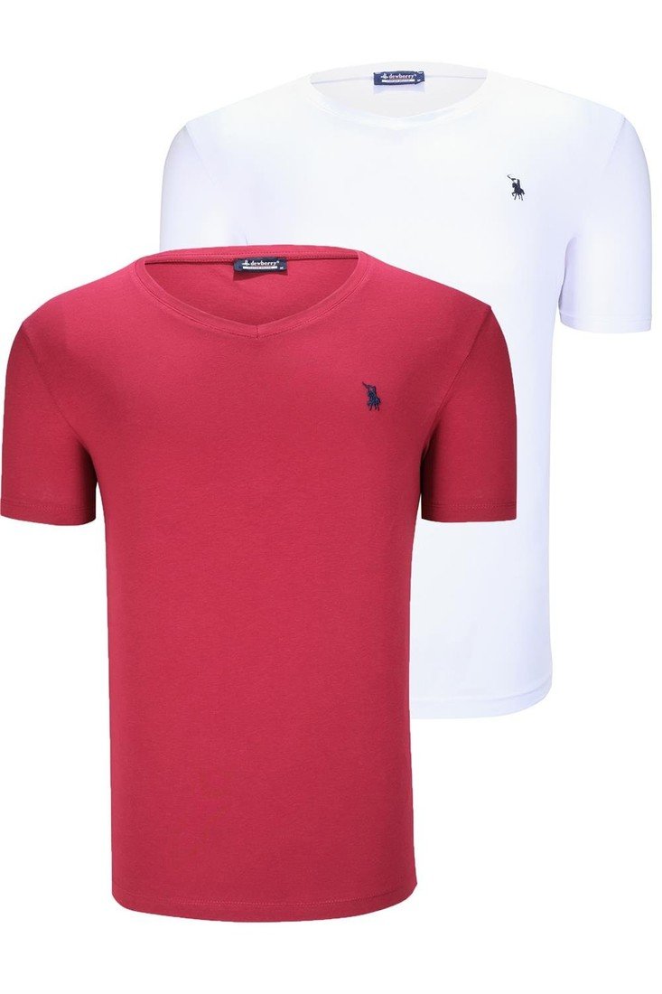 DUAL SET T8568 DEWBERRY V-NECK MENS T-SHIRT-WHITE-BURGUNDY