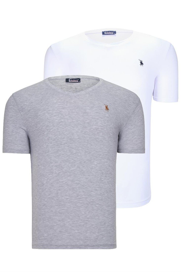 DUAL SET T8568 DEWBERRY V-NECK MENS T-SHIRT-WHITE-GREY