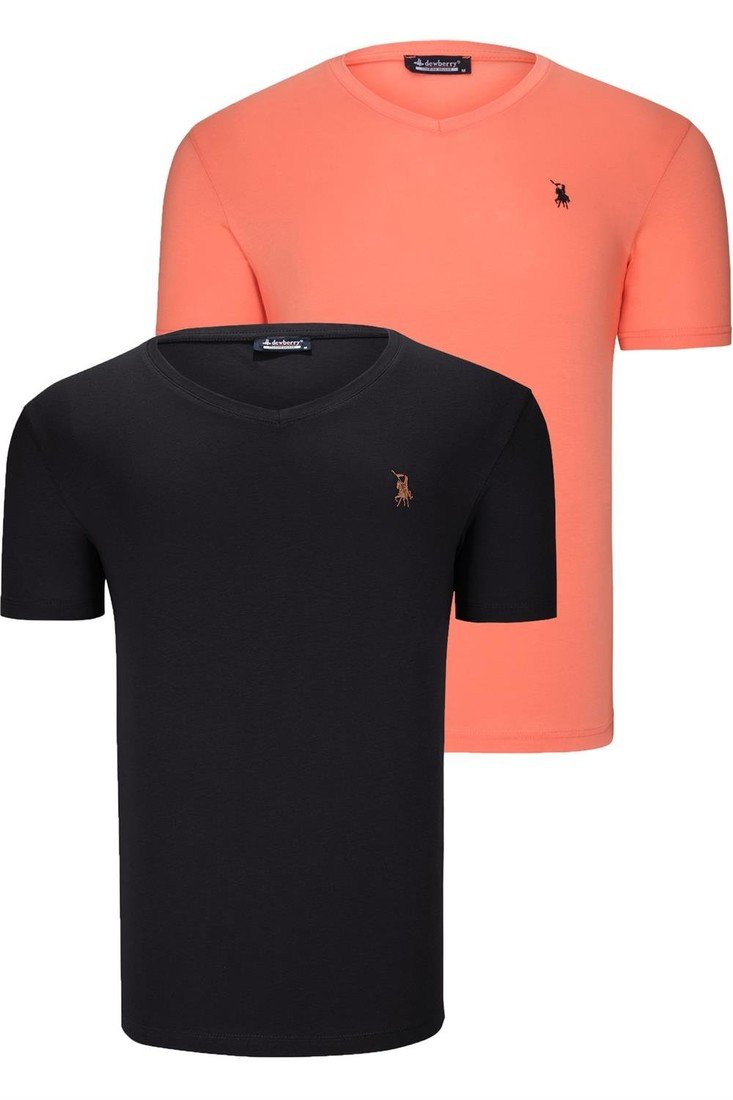 DUAL SET T8568 DEWBERRY V-NECK MENS T-SHIRT-BLACK-ORANGE