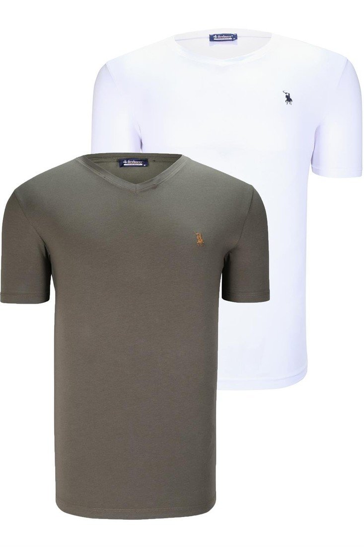DUAL SET T8568 DEWBERRY V-NECK MENS T-SHIRT-WHITE-KHAKI