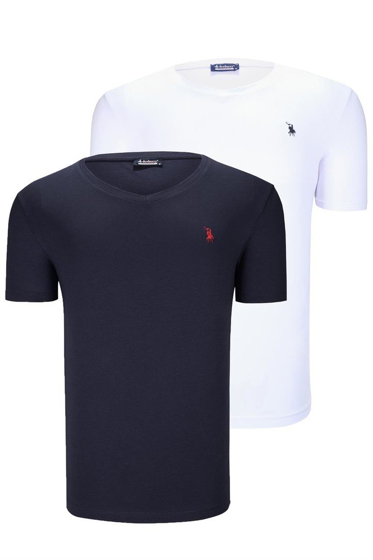 DUAL SET T8568 DEWBERRY V-NECK MENS T-SHIRT-NAVY BLUE-WHITE