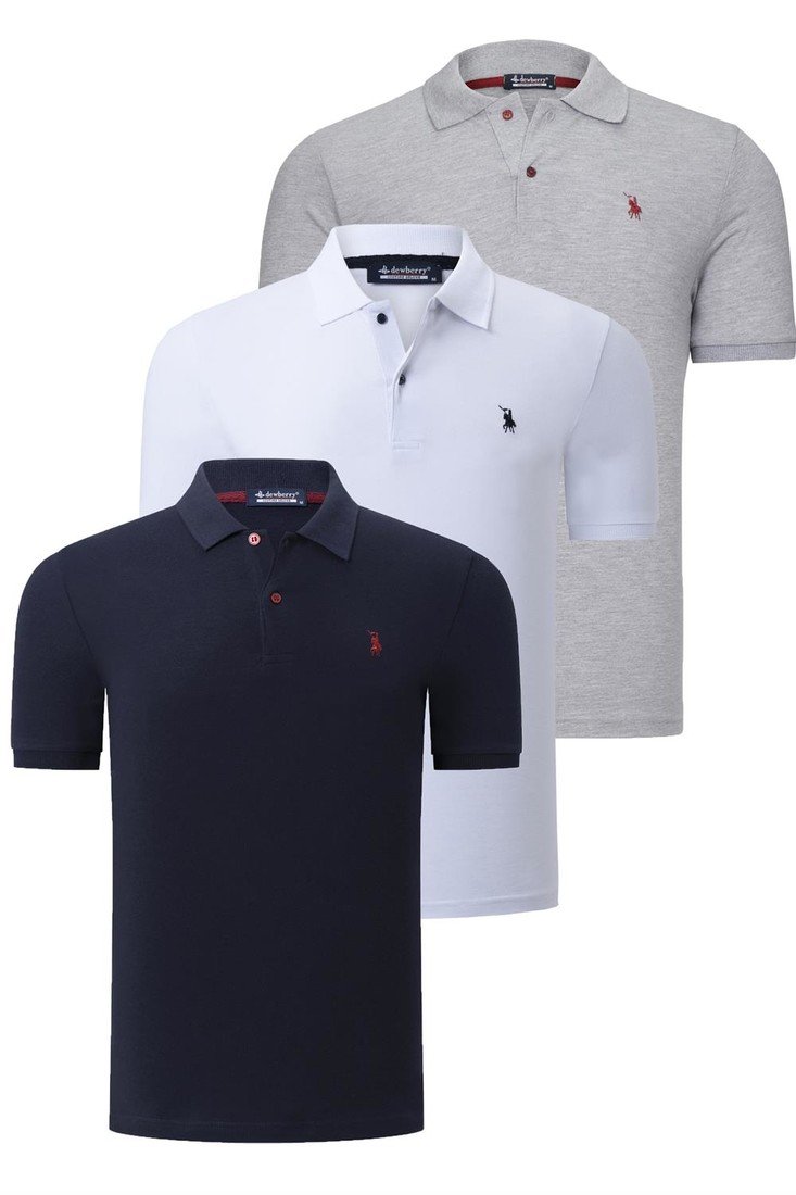 TRIPLE SET T8561 DEWBERRY MENS T-SHIRT-NAVY BLUE-WHITE-GREY