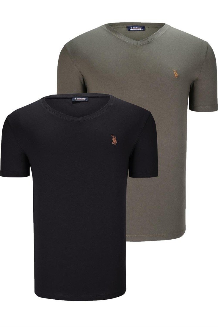 DUAL SET T8568 DEWBERRY V-NECK MENS T-SHIRT-BLACK-KHAKI