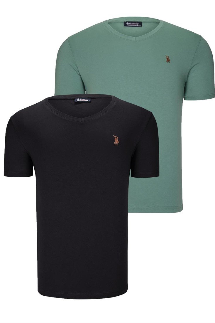 DUAL SET T8568 DEWBERRY V-NECK MENS T-SHIRT-BLACK-LIGHT GREEN