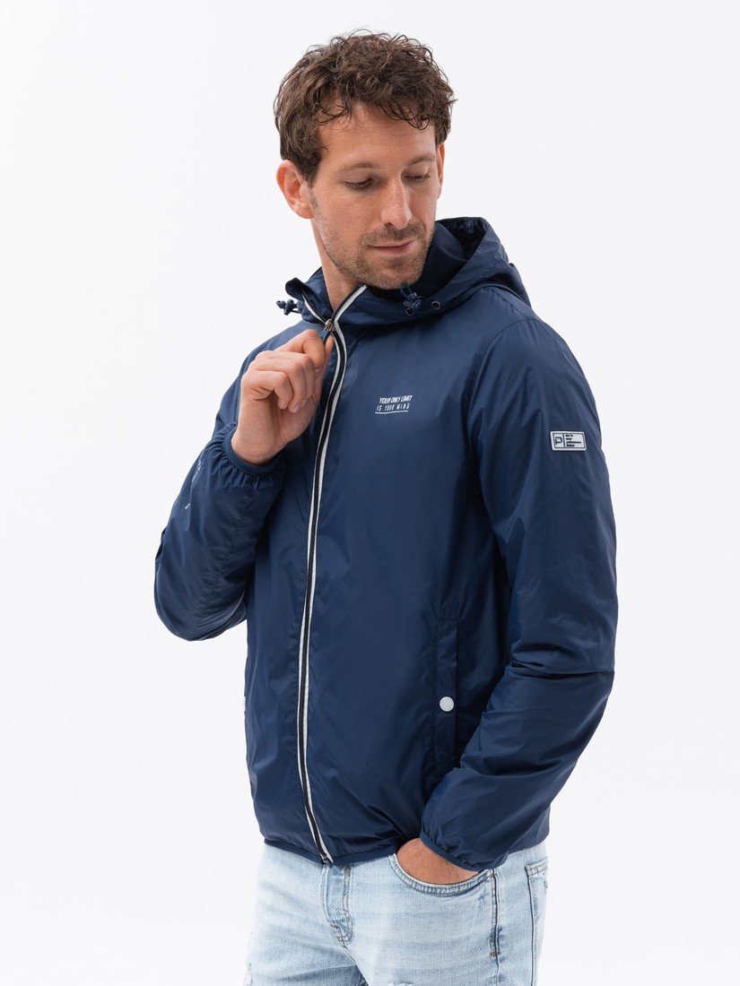 Ombre Men's windbreaker jacket with hood and contrasting details - navy blue