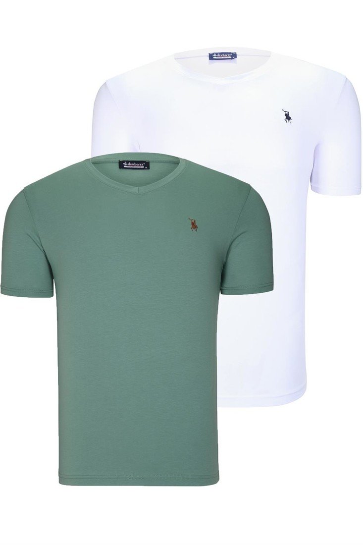 DUAL SET T8568 DEWBERRY V-NECK MENS T-SHIRT-WHITE-LIGHT GREEN