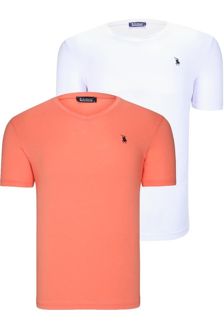 DUAL SET T8568 DEWBERRY V-NECK MENS T-SHIRT-WHITE-ORANGE