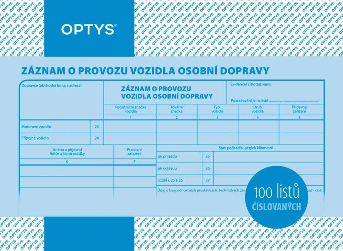 Optys Záznam o provozu osobního vozidla - A5, 100 listů