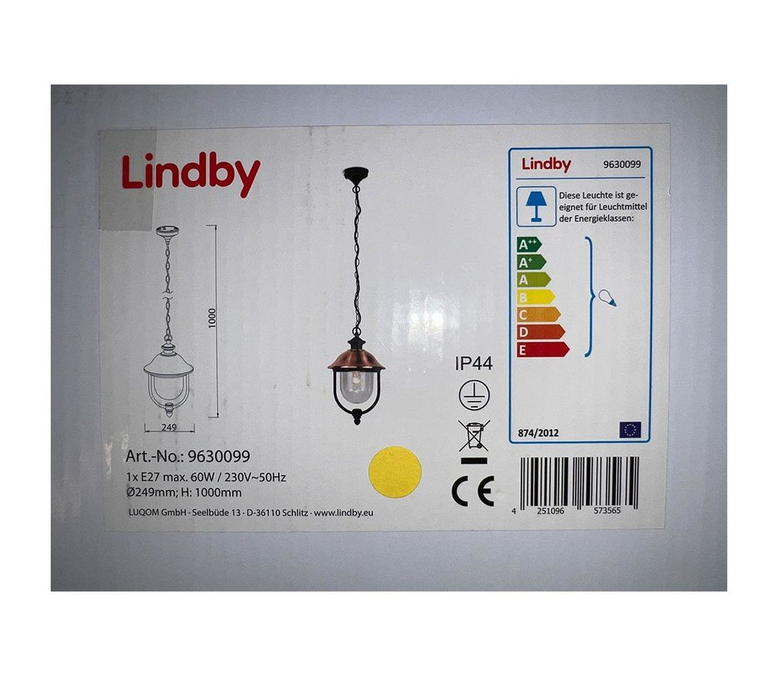 Lindby Lindby - Venkovní lustr na řetězu CLINT 1xE27/60W/230V IP44