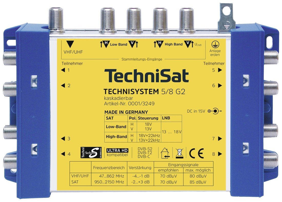 TechniSat Technisystem 5/8 G2, DC-NT rozdělovač satelitního signálu Vstupy (vícenásobný spínač): 5 (4 SAT/1 terestrický) Počet účastníků: 8