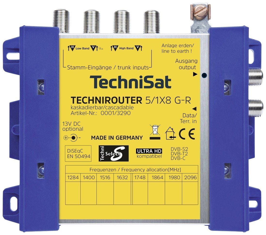 TechniSat Technirouter 5/1x8 G-R rozdělovač satelitního signálu Vstupy (vícenásobný spínač): 5 (4 SAT/1 terestrický) Počet účastníků: 8