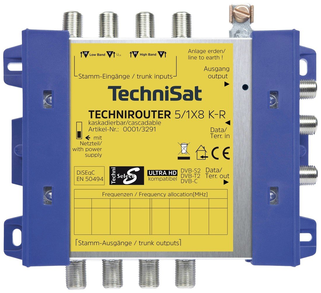 TechniSat Technirouter 5/1x8 K-R rozdělovač satelitního signálu Vstupy (vícenásobný spínač): 5 (4 SAT/1 terestrický) Počet účastníků: 8