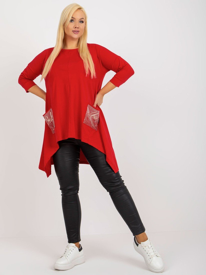 Červená asymetrická tunika s kamínky na kapsách RV-BZ-8533.04-red Velikost: ONE SIZE