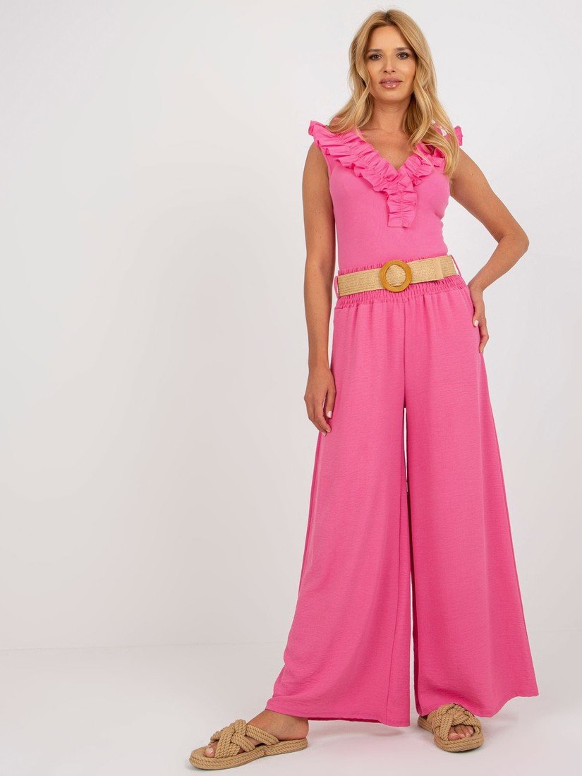 Růžové široké kalhoty s páskem DHJ-SP-8387.57-pink Velikost: ONE SIZE