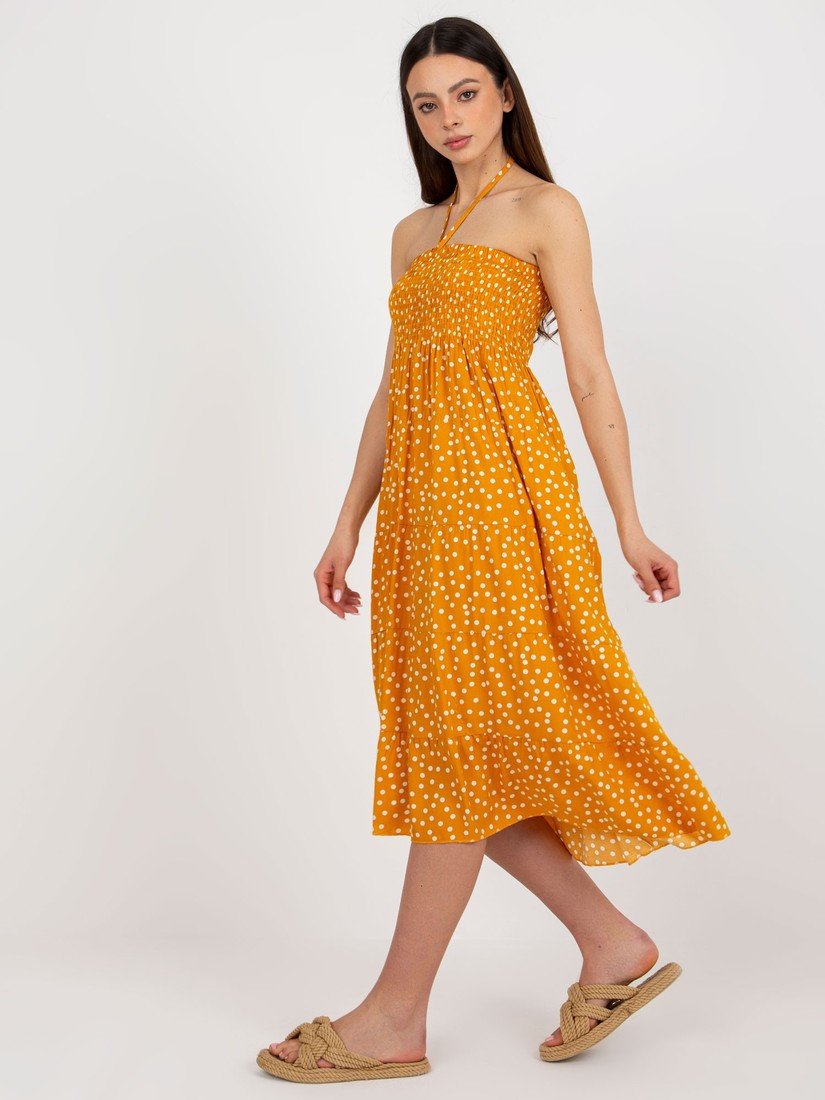 Hořčicové puntíkované midi šaty bez ramínek -GL-SK-J6062.35P-mustard Velikost: S/M