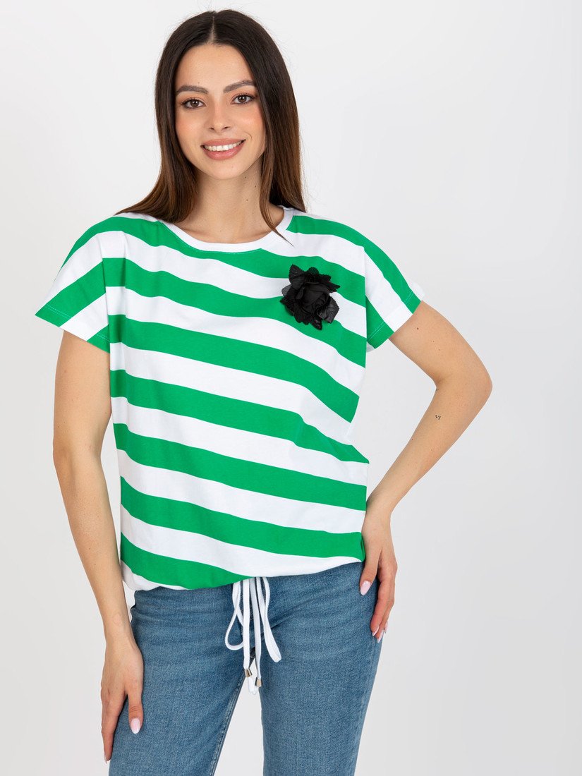 Bílo-zelené pruhované triko s broží RV-BZ-8741.93-white-green Velikost: ONE SIZE