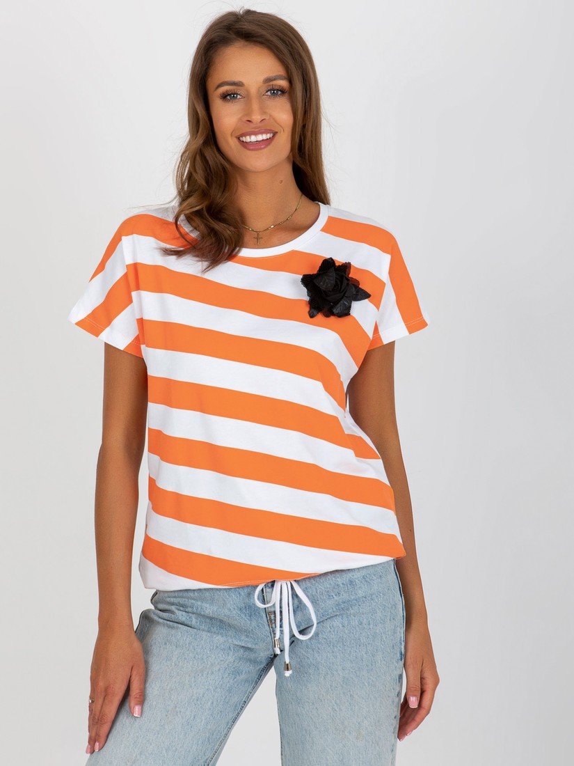 Bílo-oranžové pruhované triko s broží RV-BZ-8741.93-orange Velikost: ONE SIZE