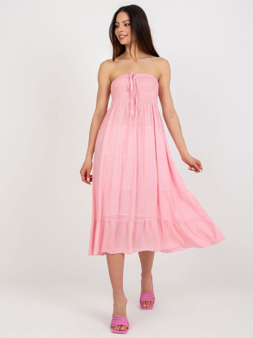 Světle růžové midi šaty bez ramínek s volánem GL-SK-827.17P-ligth pink Velikost: L/XL