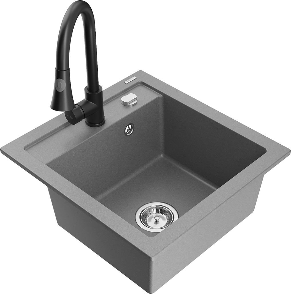 MEXEN/S Vito granitový dřez 1-miska včetně baterie Elia, šedá 6503-71-670101-70