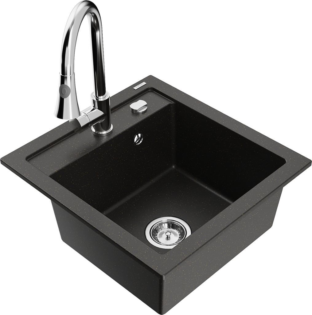 MEXEN/S Vito granitový dřez 1-miska včetně baterie Elia, černá/zlatá metalik 6503-75-670101-00