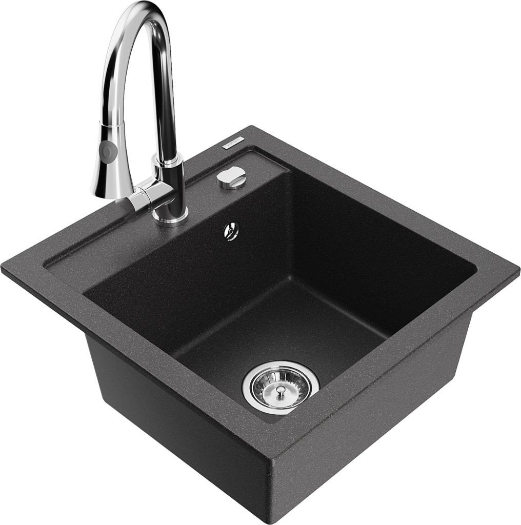MEXEN/S Vito granitový dřez 1-miska včetně baterie Elia, černá kropenatá 6503-76-670101-00