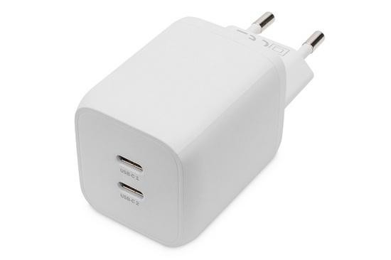 DIGITUS Miniaturní nabíječka USB-C, 2portová, 65W 2x USB-C, 45W+20W, bílá.