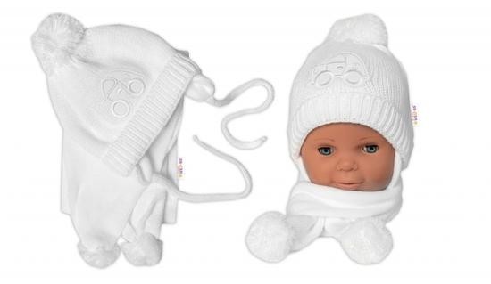 BABY NELLYS Zimní čepička s šálou - Autíčko bílá 56-68 (0-6 m)