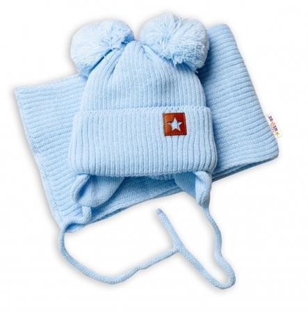 BABY NELLYS Zimní čepice s šálou STAR - modrá s bambulkami 56-68 (0-6 m)